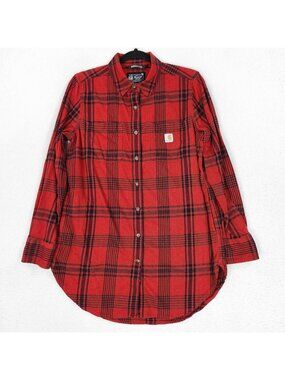 Carhartt Shirt Womens Medium Red Plaid Flannel Tunic Rugged Flex Relaxed Fit